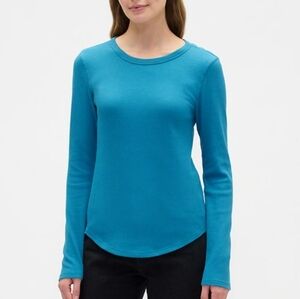 Eileen Fisher Crew Neck Long Sleeve Rounded Hem Jersey Tee Sky Blue Size M